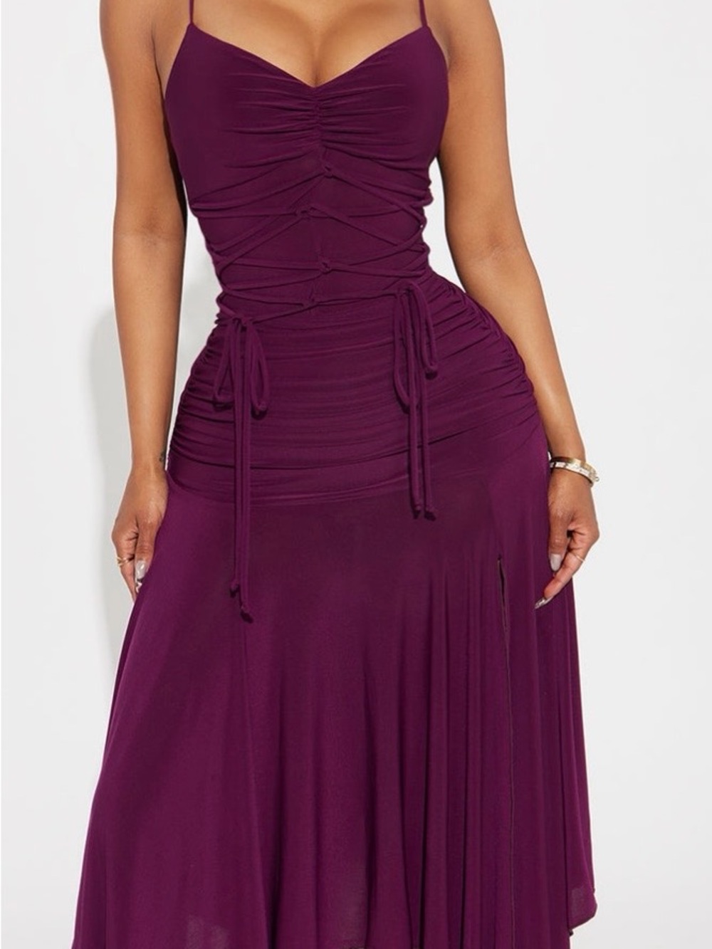 Adjustable Tie Ruched Maxi Dress in Plum
